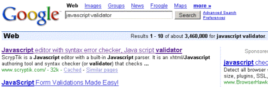 google search for javascript validator